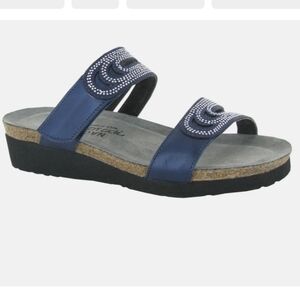 Naot Ainsley Leather Sandal, Cork Footbed, Size 7, Euro 38, Blue And Rhinestone